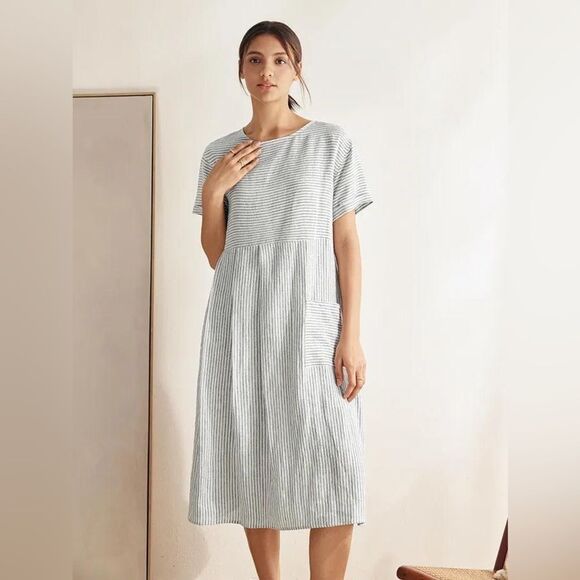 Lintico Morgan 100% Linen Striped Short Sleeve Midi Dress Boho Lagenlook Size S - Picture 3 of 16